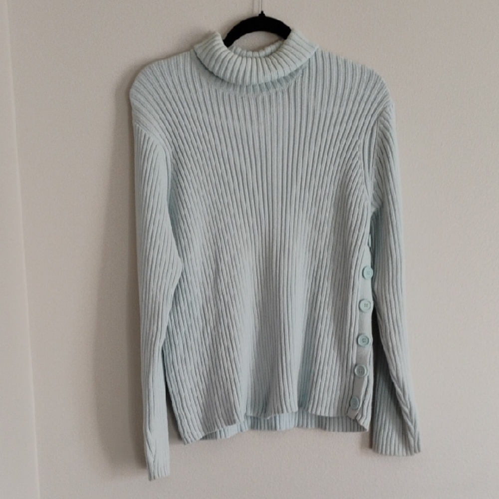 Popular And Classic Light Blue Knit Cable Turtle Neck Sweater